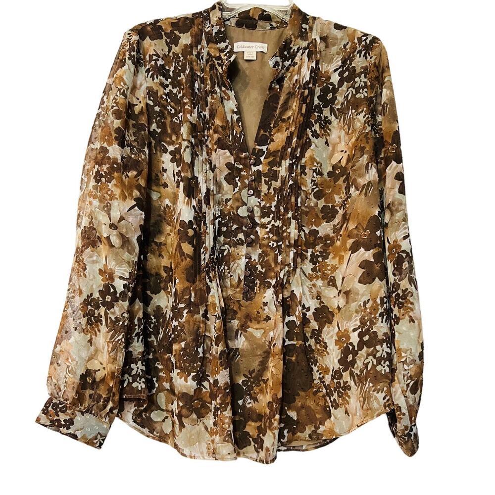 Coldwater Creek Size L 14-16 Women Top Brown Floral Long Sleeve Sheer Lined